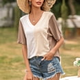 thumbnail image 3 of Camiseta de mujer de manga corta con cuello en V, color block, camiseta holgada de verano, marrón, S Vogacara AP001239-13, 3 of 7