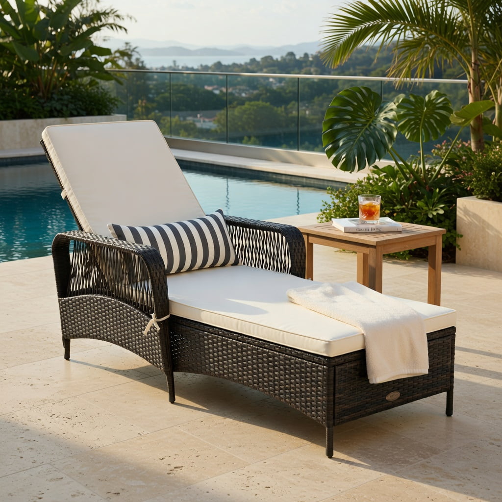 Hommoo Adjustable PE Rattan Chaise Lounge Chair with Cushion & Lumbar Pillow, Outdoor Patio Recliner for Poolside, Balcony, Lawn, Off White