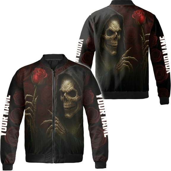Lotusprinthandmade Personalized Skull Halloween All-over Print Bomber Jacket S-5XL Multicolor (S), halloween themed skeleton bomber jacket