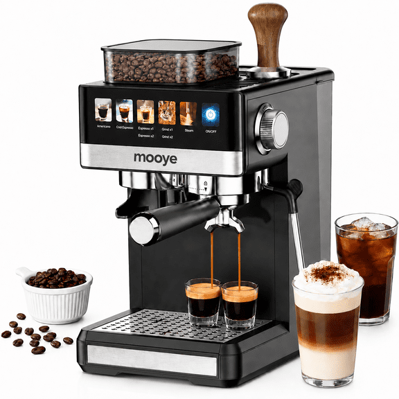 Mooye All-in-One Espresso Machine with Grinder, 20-Bar Espresso Maker with Milk Frother for Latte & Cappuccino, Black