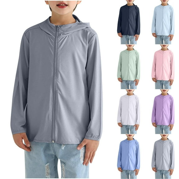 Xfvqtps Kids Children Cooling Sun Protection Jacket Hoodie Zip up Long Sleeve Solid Color Lightweight Breathable Summer Thin Tops for Camping Hiking Cycling Running 3-12Y Blue