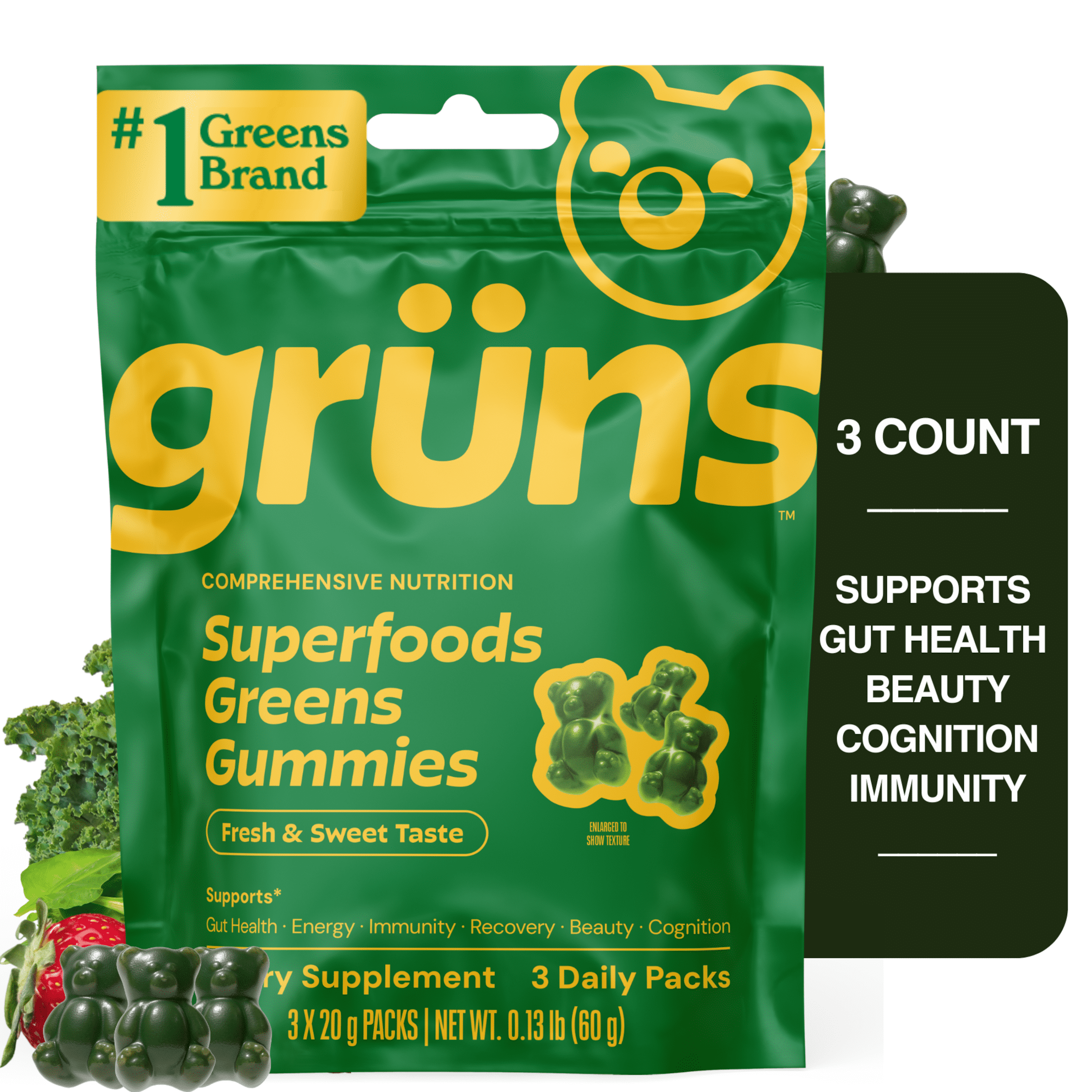 (3 pack) Gruns Superfood Multivitamin Greens Gummies with Prebiotic Fiber for Adults, 3 Count