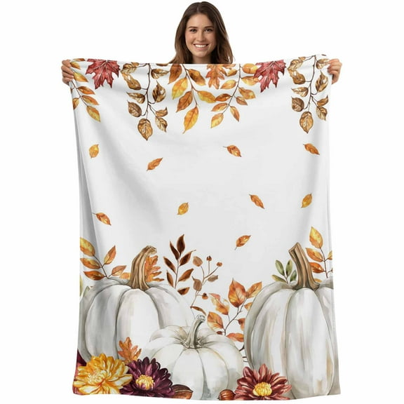 Boho Fall Thanksgiving Throw Blankets, White Floral Pumpkin Leaf Soft Fleece Blanket Decorative for Home Sofa Couch Chair Living Bedroom, 50x60 inches,