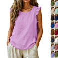 thumbnail image 2 of Linen Tank Tops for Women Ruffle Short Sleeve Summer Tops Cute Crew Neck Casual Blouses (L,Pink), 2 of 9