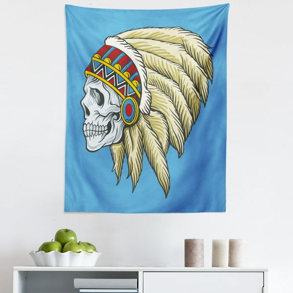 Tribal Tapestry, Dead Skull with Feathers Tattoo Folk Aztec Pattern, Fabric Wall Hanging Decor for Bedroom Living Room Dorm, 5 Sizes, Violet Blue Cream Pearl, by Ambesonne