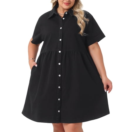 DARING DIVA Women's Plus Size Casual Denim Babydoll Pockets Dress 3X Black
