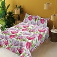thumbnail image 2 of Ambesonne Floral Inspiration Fitted & Flat Sheet with Shams 4 Pcs Set, Magnolias Bloom, Full, Lilac Magenta Lime Green, 2 of 5