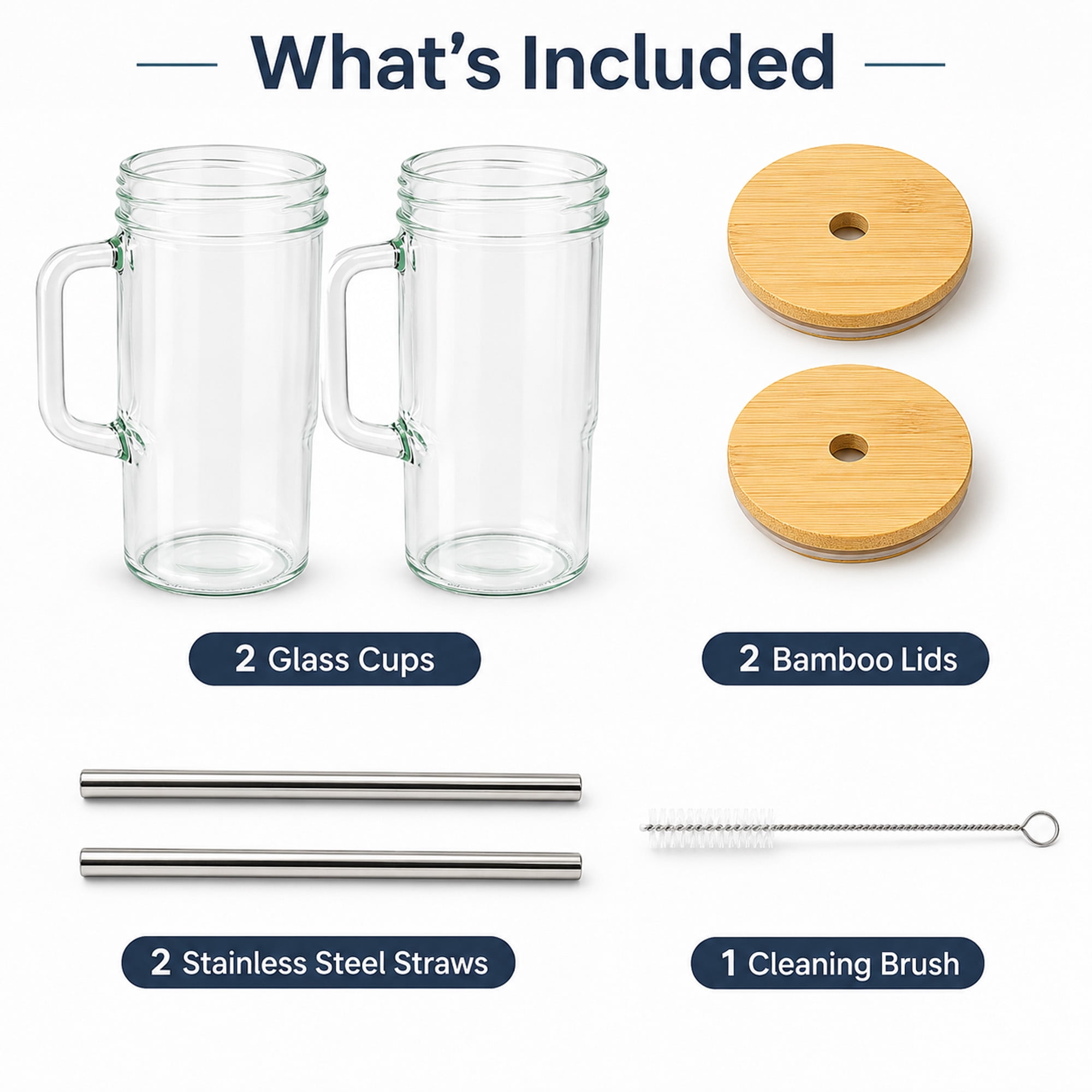 2-Pack Glass Tumbler Cups with Handles, Bamboo Lids, Stainless Steel Straws and Cleaning Brush for Iced Coffee and Cold Drinks