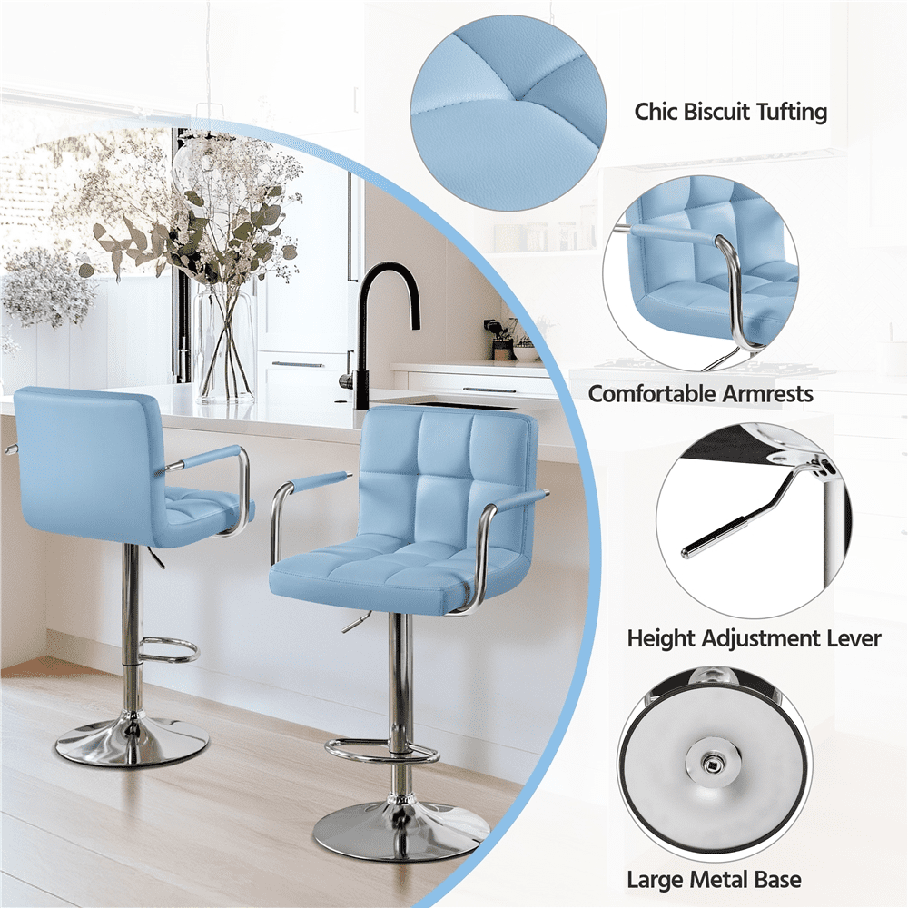 Alden Design PU Leather Bar Stools with Large Steel Pedestal Base, Set of 2, Blue