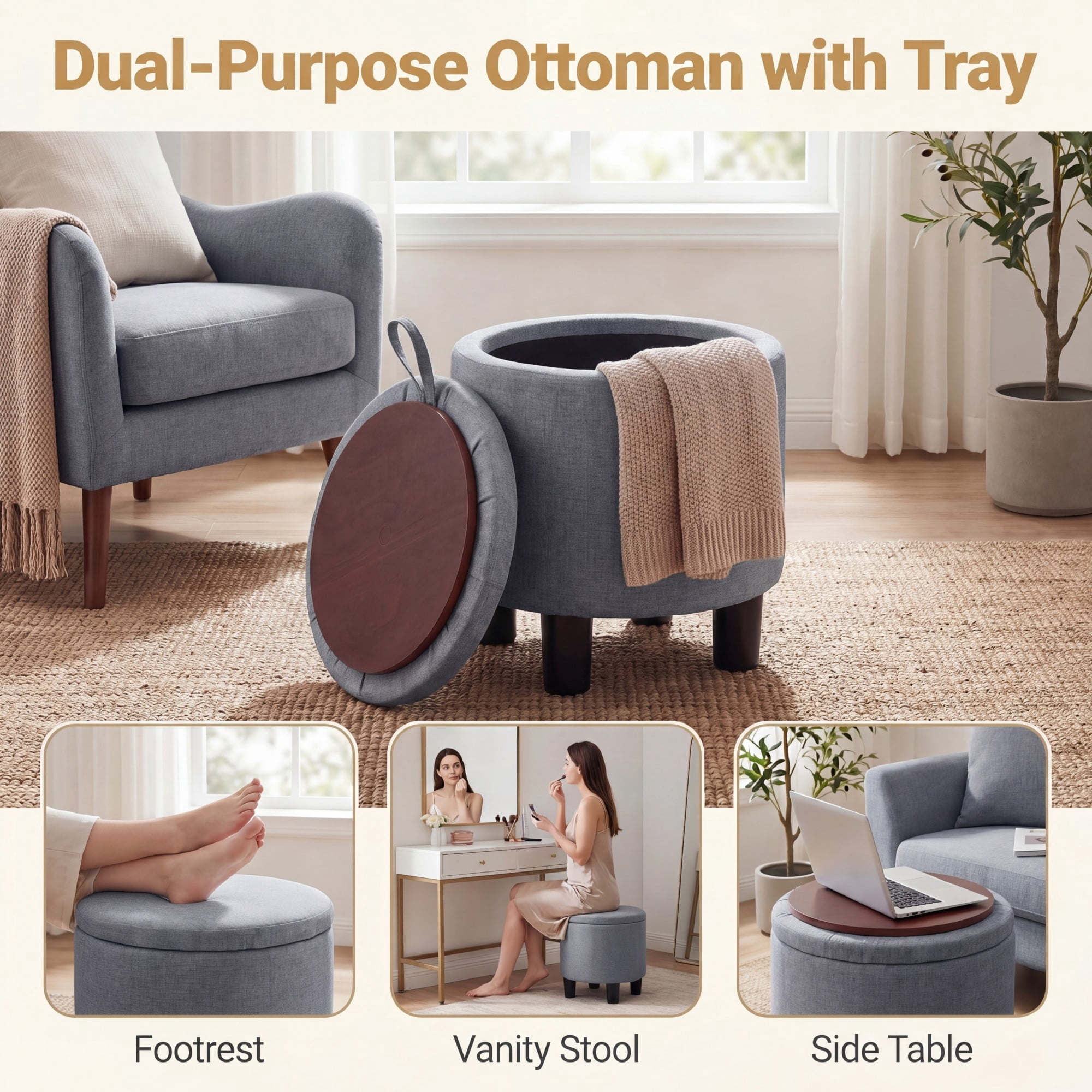 ELLEGNT Round Ottoman with Storage - Removable Lid, Linen Fabric Footrest Stool for Living Room, Bedroom Gray