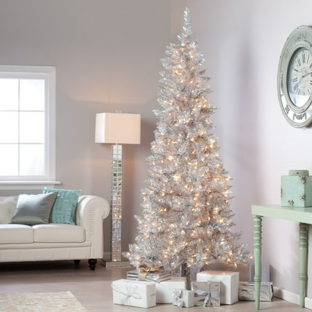 Silver Tiffany Tinsel Pre Lit Christmas Tree By Sterling Tree