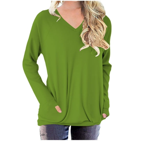 ibuvkizy Long Sleeve Shirts for Women,Tops for Women Trendy,Oversized Tshirts Shirts for Women Solid Workout Sweatshirts Casual Basic Long Sleeve Shirt Classic V-Neck Tops Green,S