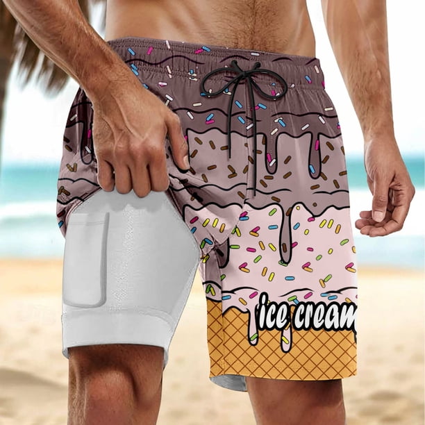 WILLBEST Pantalones Cortos Deportivos para Hombre, para Fiestas de Verano En La Piscina y Playa, Bañador de Doble Capa con Estampado de Hielo Derretido para Días de Playa y Uso Cómodo.