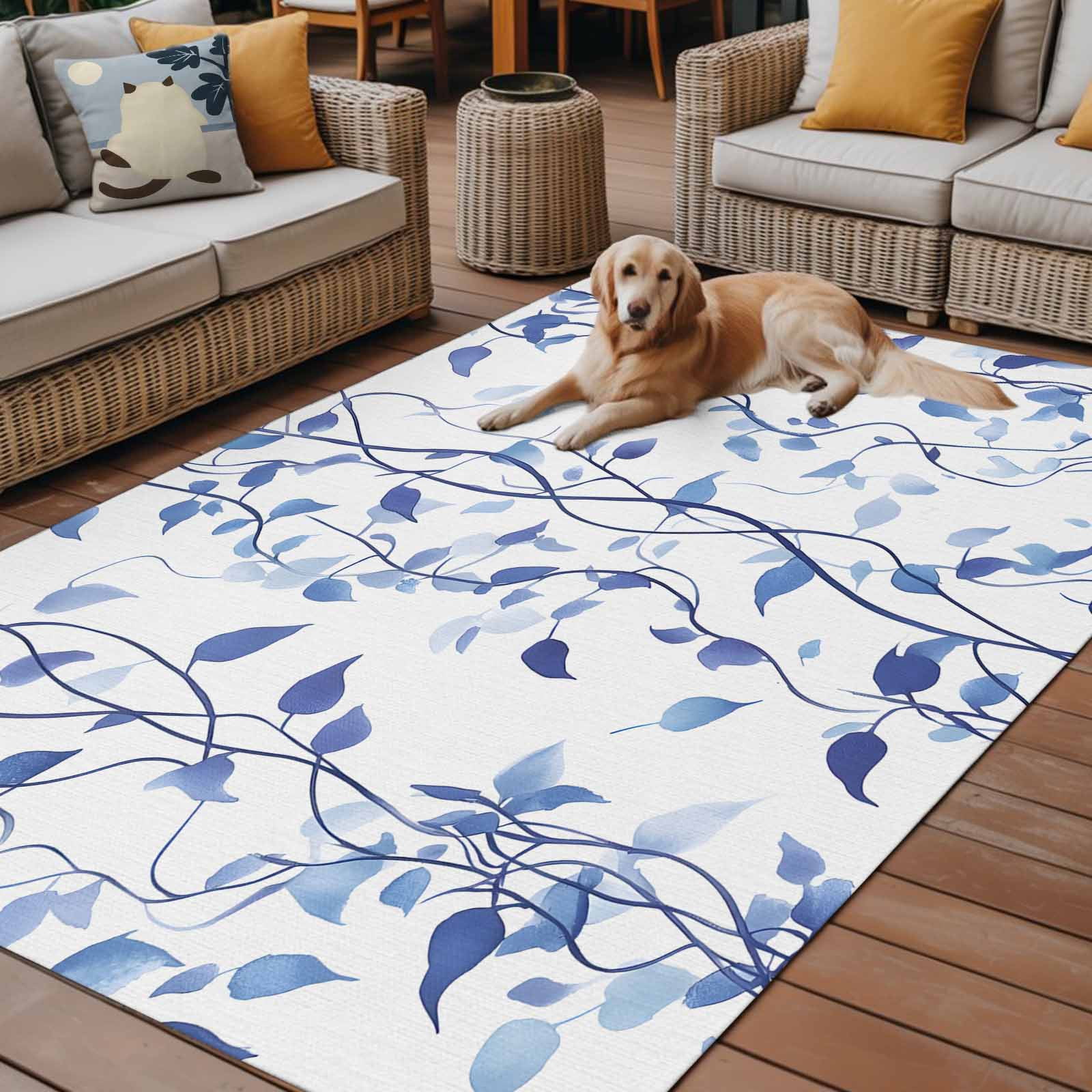 Outdoor Rug 5x8ft Ombre Blue Leaf Large Area Rug Plant Leaves Indoor Outdoor Carpet Outdoor Rugs Mats for Patio Camping,RV,Front Door, Outside Decor