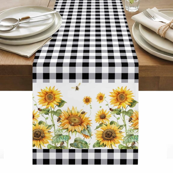 Sunflower Table Runner - 72 Inch Long, Kitchen Dining Table Runner Dresser Scarves, Black White Buffalo Plaid Check Country Bee Farmhouse Decor for Coffee Tables Wedding Party Banquet