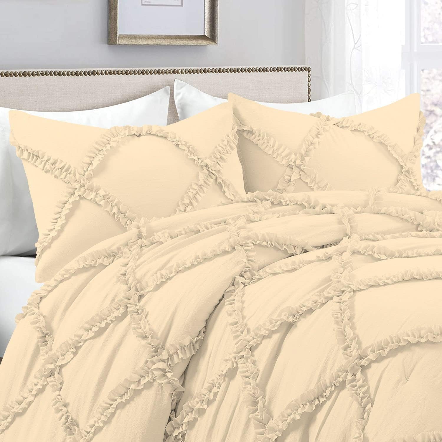 Duvet Cover Diamond Ruffle with Zipper Closure 1 Piece Full/Queen Size (90" x 90") Inches 100% Cotton 800 TC Premium Hotel Class Decorative Bedding with Corner Ties - Ivory Solid