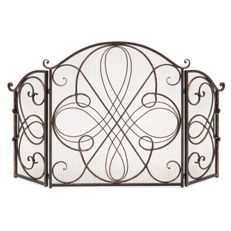 Screens For Fireplace Best Choice Products 3-Panel Solid Wrought Iron See-Through Metal Fireplace Safety Screen Protector Decorative Scroll Spark Guard Cover - Antique Bronze ()