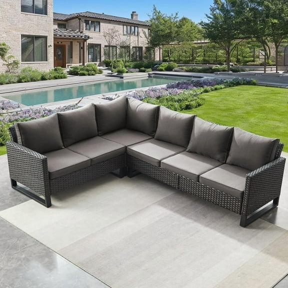 POCASSY Outdoor Furniture Set with Outdoor Sectional Sofa, 102 Inch Width Patio L Shape Sectional Sofa Brown Wicker Rattan Couch for Porch Deck Backyard, Brown/Gray