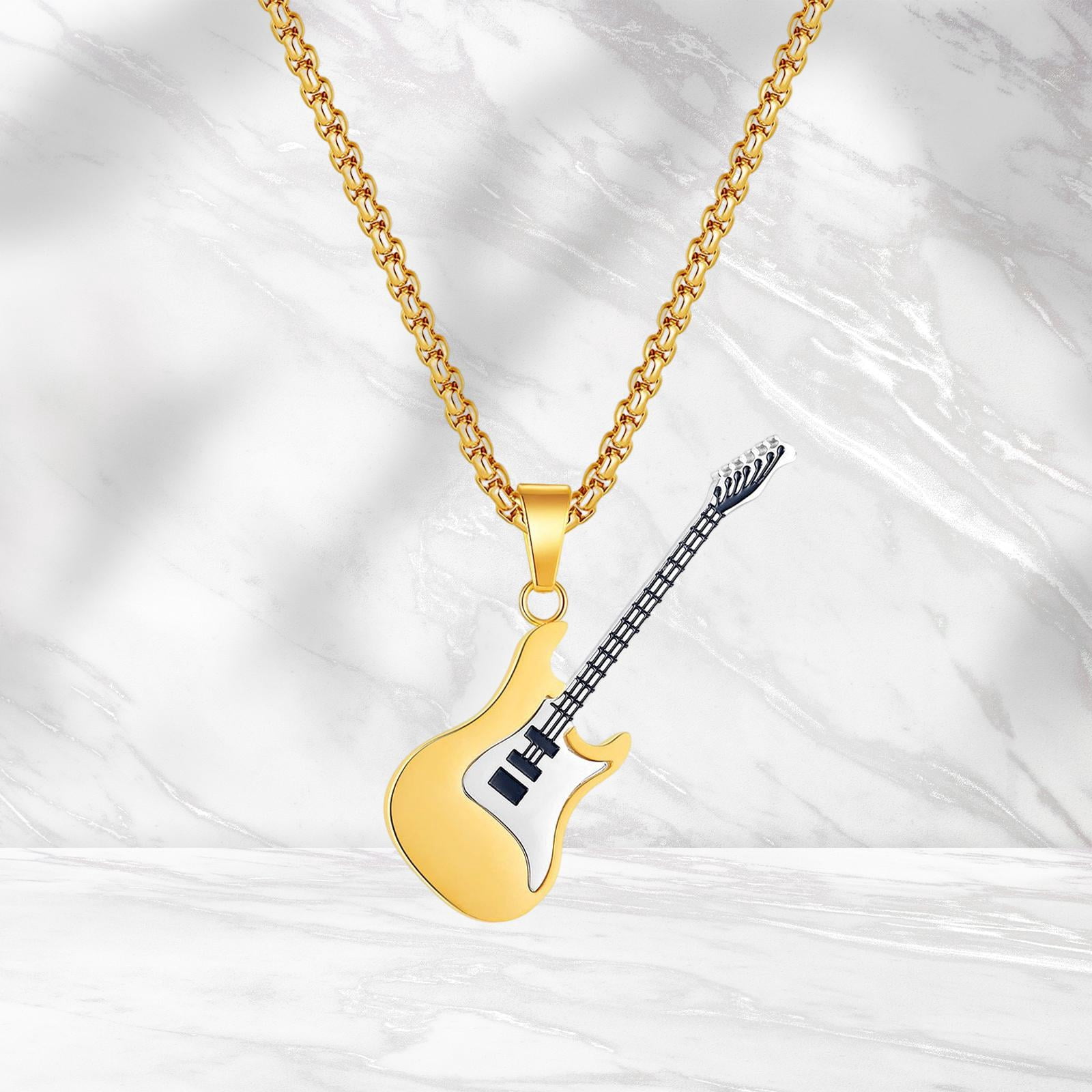 Collar Johnny Hallyday - Colgante Cruz Con Guitarra JH, Con Cordón De Piel 55 Cm O Cadena Acero 60 Cm