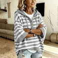 thumbnail image 6 of Women's Striped Hoodie Sweater Elbow Sleeve Henley Oversized Knit Pullover Tops Loose Slouchy Half Button Poncho for Fall Outfits, Gray, L, 6 of 8