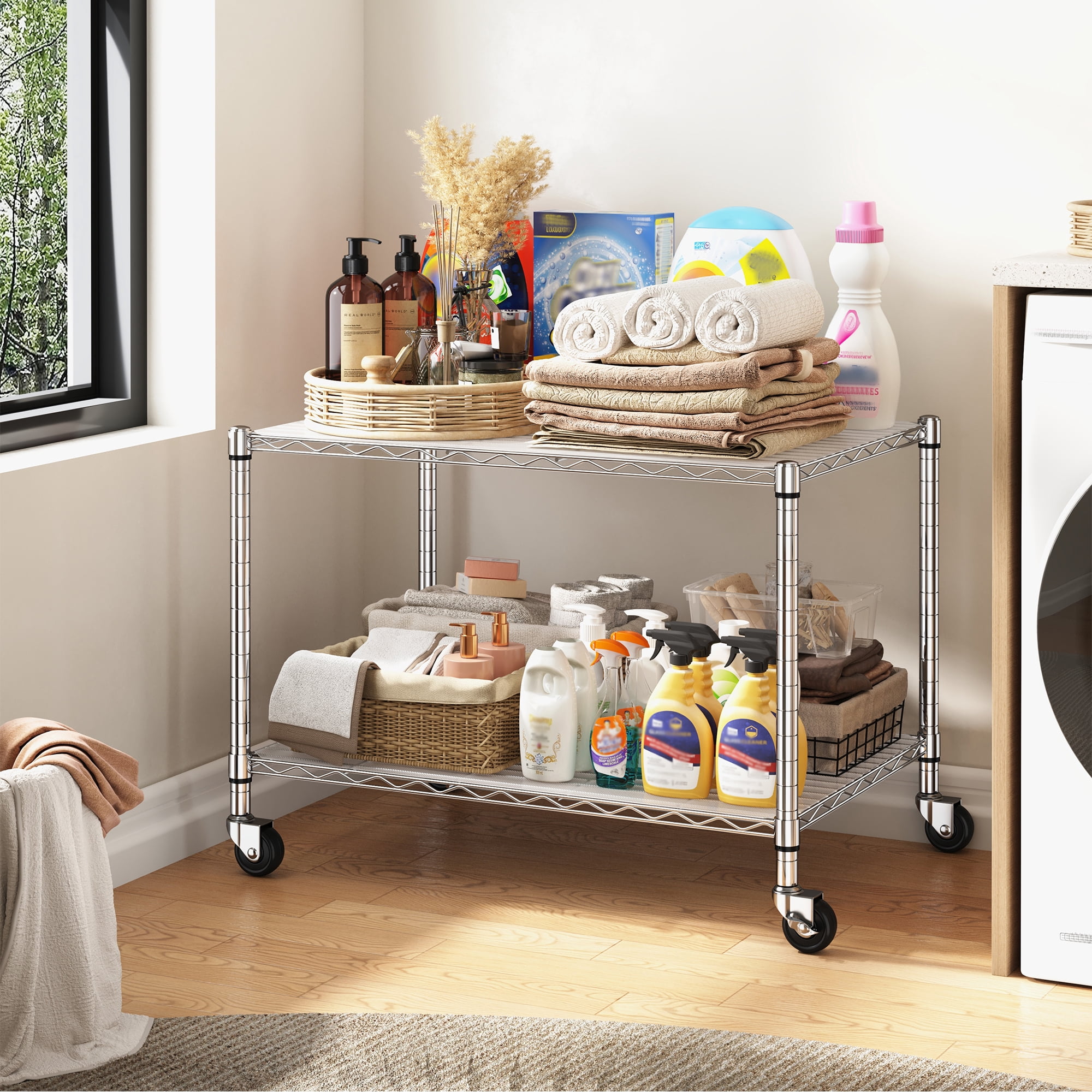 REIBII 2 Tier Wire Shelving Unit with Wheels,Heavy Duty Kitchen Appliance Shelf,36"W x 18"D Metal Storage Shelves for Pantry Garage Laundry,300 lbs Per Shelf,Chrome