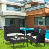 Outdoor Furniture Sets, 4 Pieces Bistro Dining Chair Conversation Sets with 1 Loveseat, 2 Single Chairs and Glass Table, Leisure Wicker Chair Conversation Set with Soft Cushion and Glass Table, S712