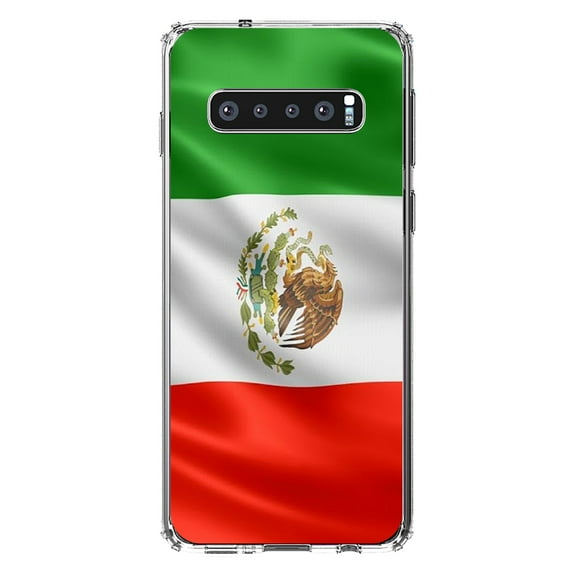 DistinctInk Clear Shockproof Hybrid Case for Samsung Galaxy S10 (6.1" Screen) - TPU Bumper, Acrylic Back, Tempered Glass Screen Protector - Red White Green Mexican Flag Mexico