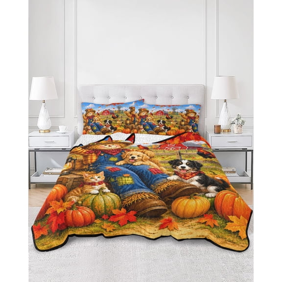 Quilts King Size, Fall Soft Comforter Bedding Set for Bed, Thanksgiving Harvest Country Pumpkins Maple Leaves Lightweight Quilted Bedspread with Pillow Cover(2 Pieces) for All Season, 96x106 Inch