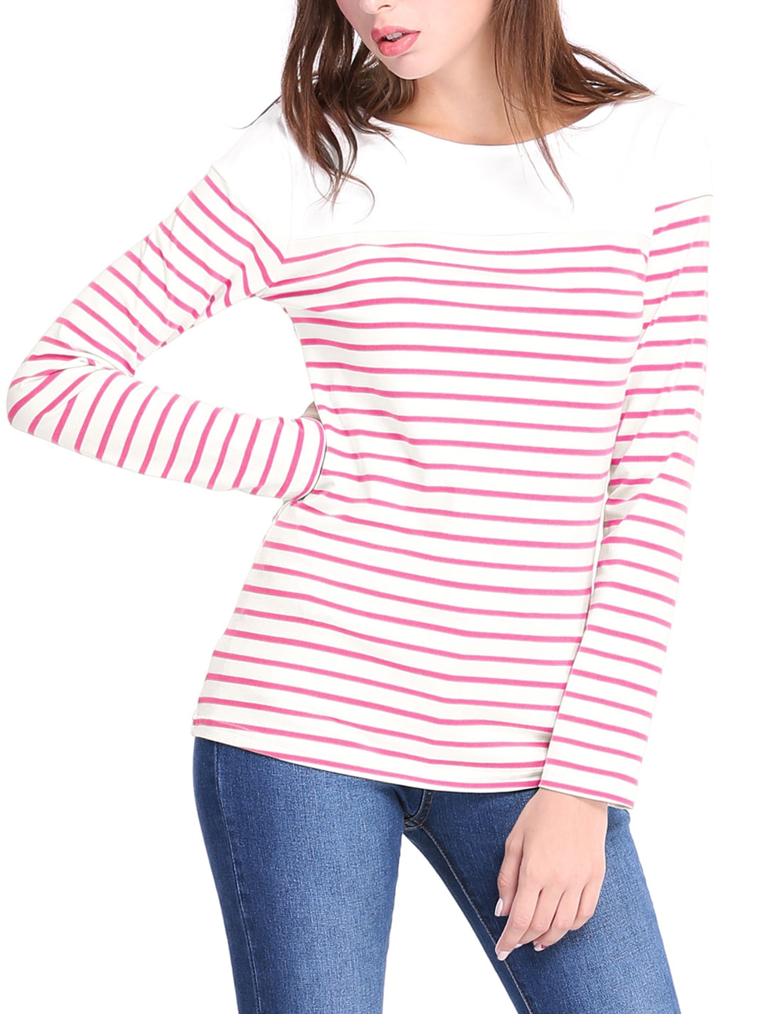 DARING DIVA Women's Color Block Striped Knit Top Long Sleeves T-Shirt S Light Pink