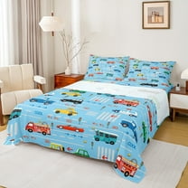 Homewish Cartoon Car Twin Sheet Sets,Fire Truck Twin Fitted Sheet,Traffic Light Flat Sheet For Boy,Super Cozy Room Decor,3 Pieces