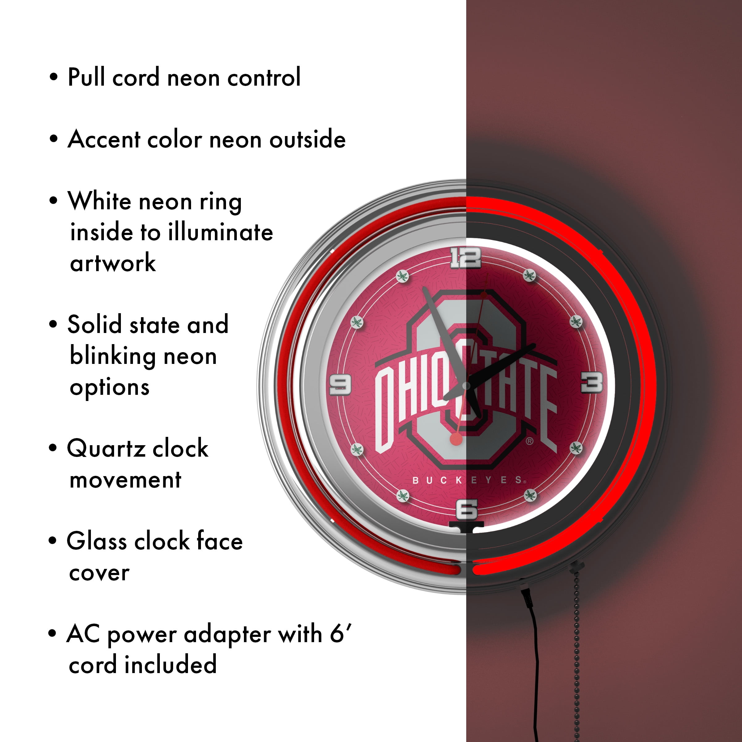 Ohio State University Logo Retro Neon Analog Wall Clock with Pull Chain