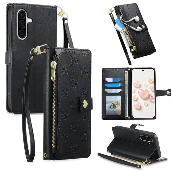 For Samsung Galaxy A37 5G 6.7-inch Heart Buckle Wallet Case With Multi-Card Slots Zipper Pocket Detachable Wrist Strap,Shockproof Phone Case,Black,For Galaxy A37 5G