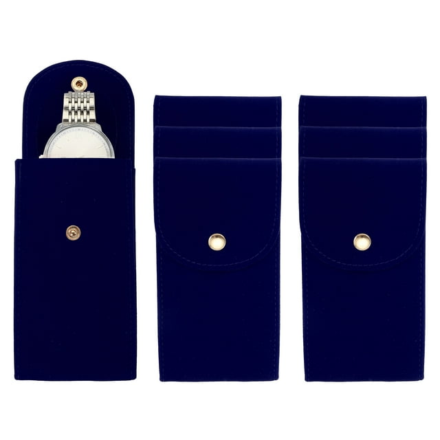 Uxcell 6 Pcs Bolsa de Reloj de Terciopelo, Funda de Viaje para Reloj Portátil, Bolsa de Almacenamiento Suave con Botón a Presión y Tarjeta Interna Cóncava para Hombres y Mujeres, Regalo, Azul