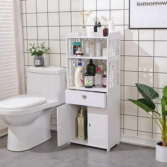 Miumaeov 4 Tier Bathroom Storage Cabinets Free Standing PVC Storage Organizer White Storage Furniture with 2 Doors +1 Drawer+Open Shelf for Bathroom Living Room Hallway Home Office