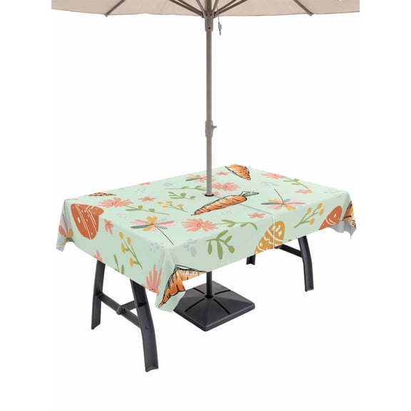 Easter Eggs Outdoor Tablecloth - 52x70 Inch Rectangle Dining Table Cover, Carrots Spring Daisy Botanical Rustic Green Waterproof Outdoor Table Cloth with Umbrella Hole & Zipper for Picnic/Patio/Party