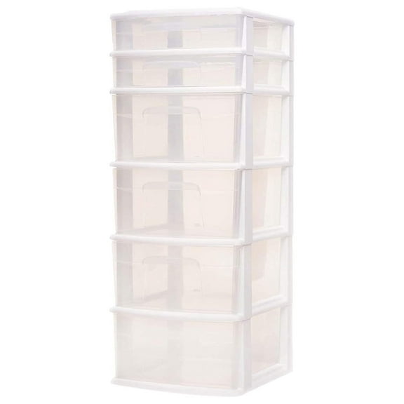 6-Drawer Cart Organizer, Plastic Storage Drawers, Home Storage Organizer with Removeable Wheels, Medium, White Frame