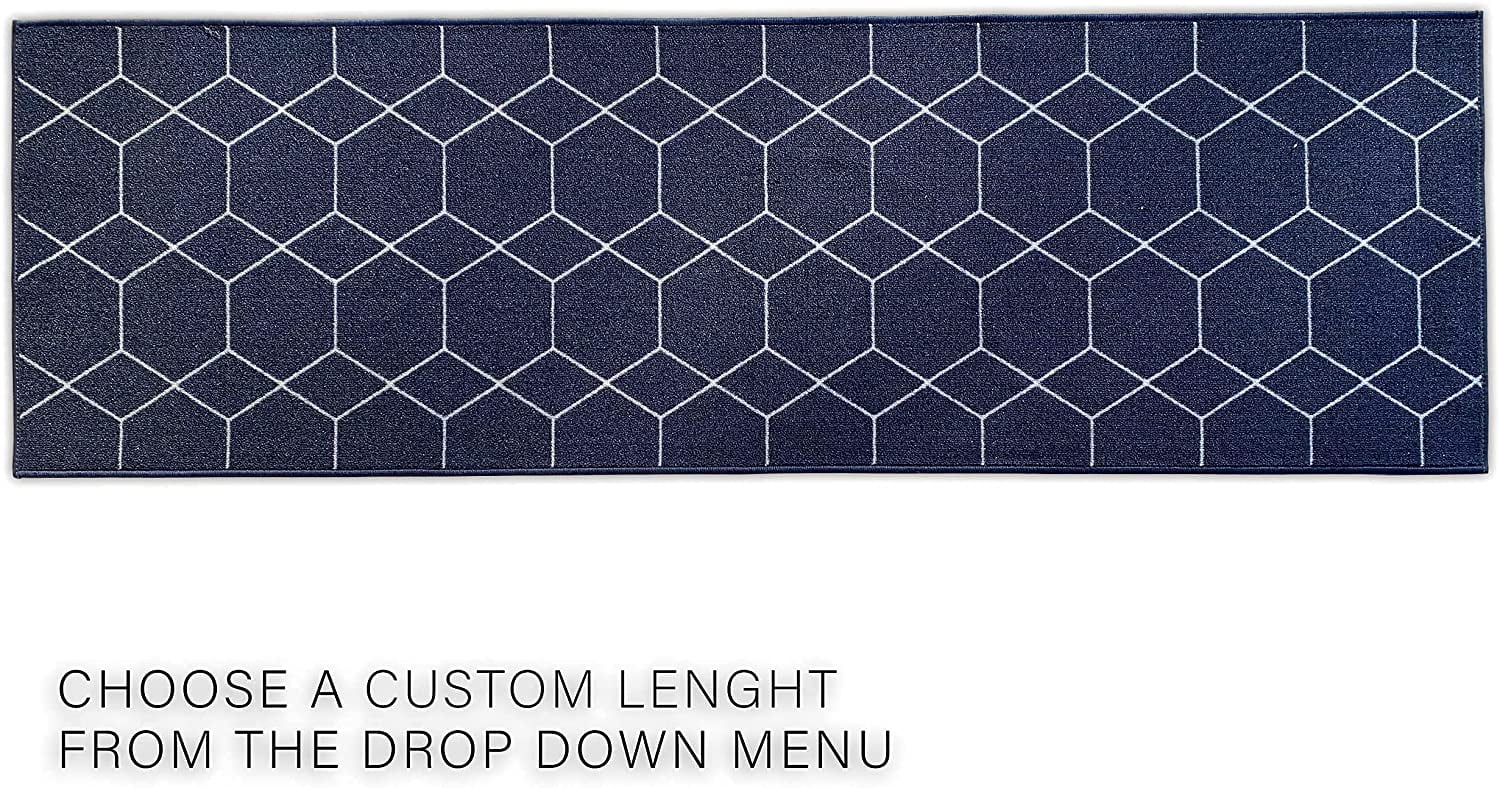 Custom Size Runner Rug Hexagon Trellis Design Navy Color 26 or 31 inch Wide Pick Your Length Non-Slip Rubber Backing Stair Runner