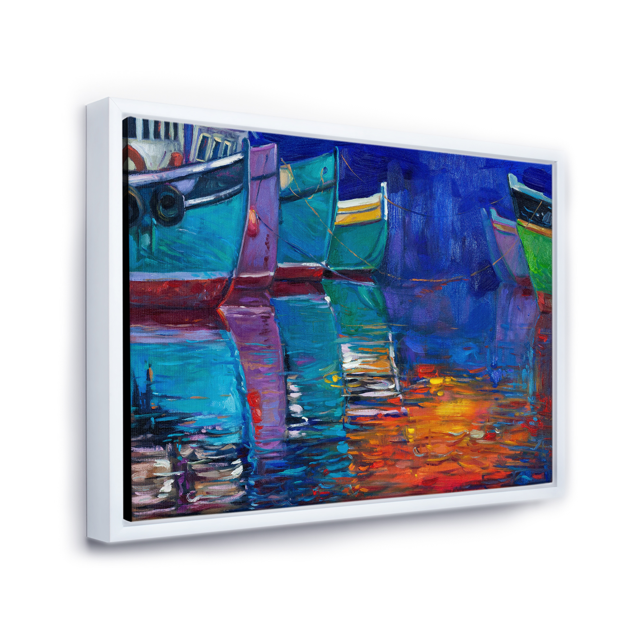 Boats During Warm Sunset Resting On The Water I 20 in x 12 in Framed Painting Canvas Art Print, by Designart