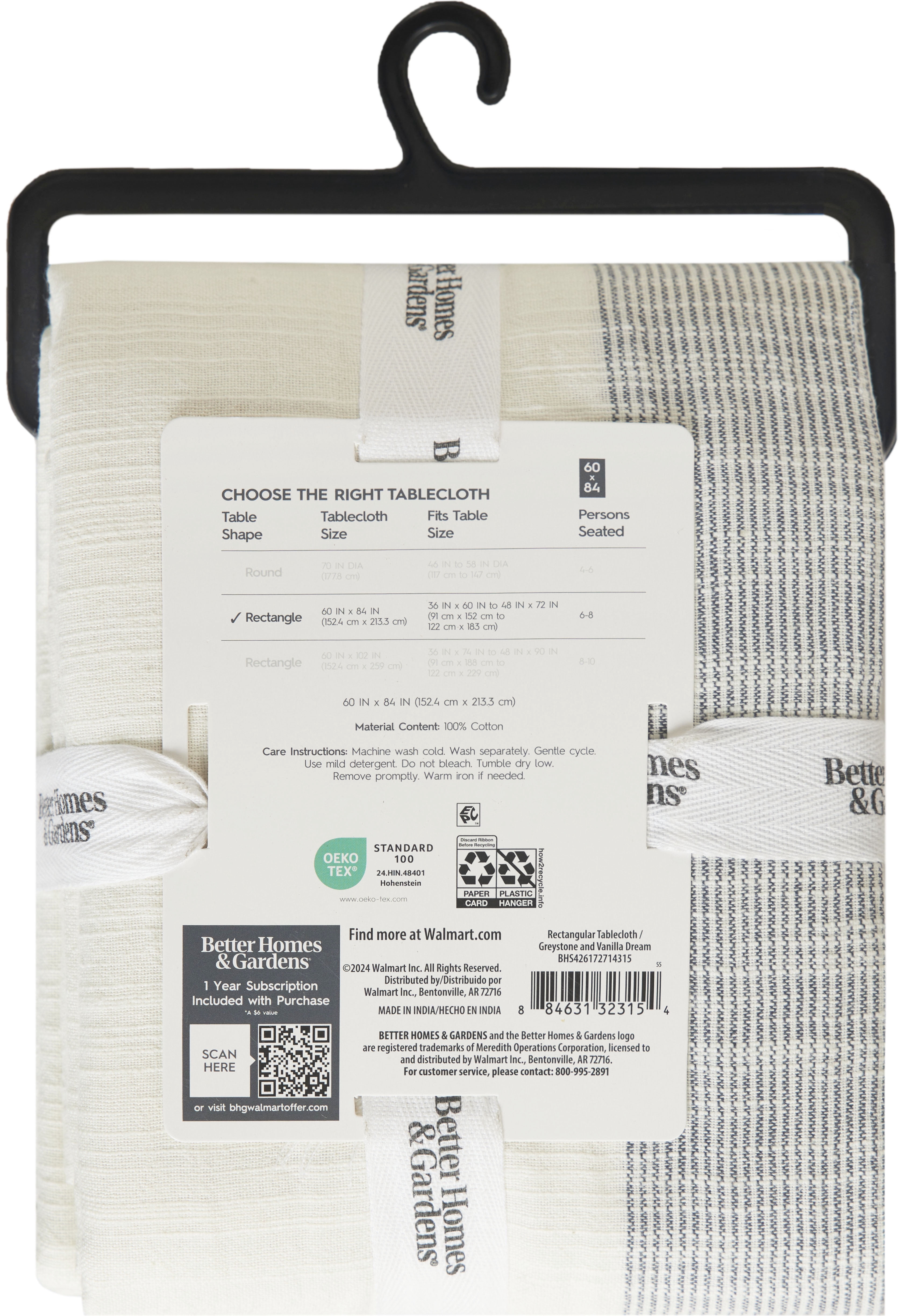Better Homes & Gardens Jett Stripe Cotton 60" x 84" Tablecloth, Vanilla Dream & Grey Stone