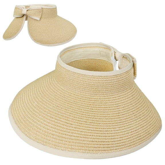 SUN CUBE Sun Visor Hats Women, Straw Beach Hats for Women, Wide Brim Summer Ponytail Hat, Packable Rollup Visor, Travel Foldable UV Protection Sunhat - Beige