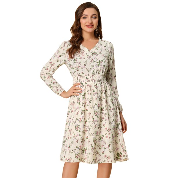 Vestido a media pierna con cuello en V y estampado floral con cintura fruncida blanco Flor rosa verde violeta XL