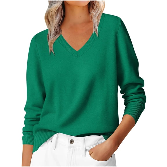 Lcziwo Fall V Neck Sweaters for Women Long Sleeve Soft Pullover Tops Classic Loose Early Fall Fashion Shirts 2025 Green,S