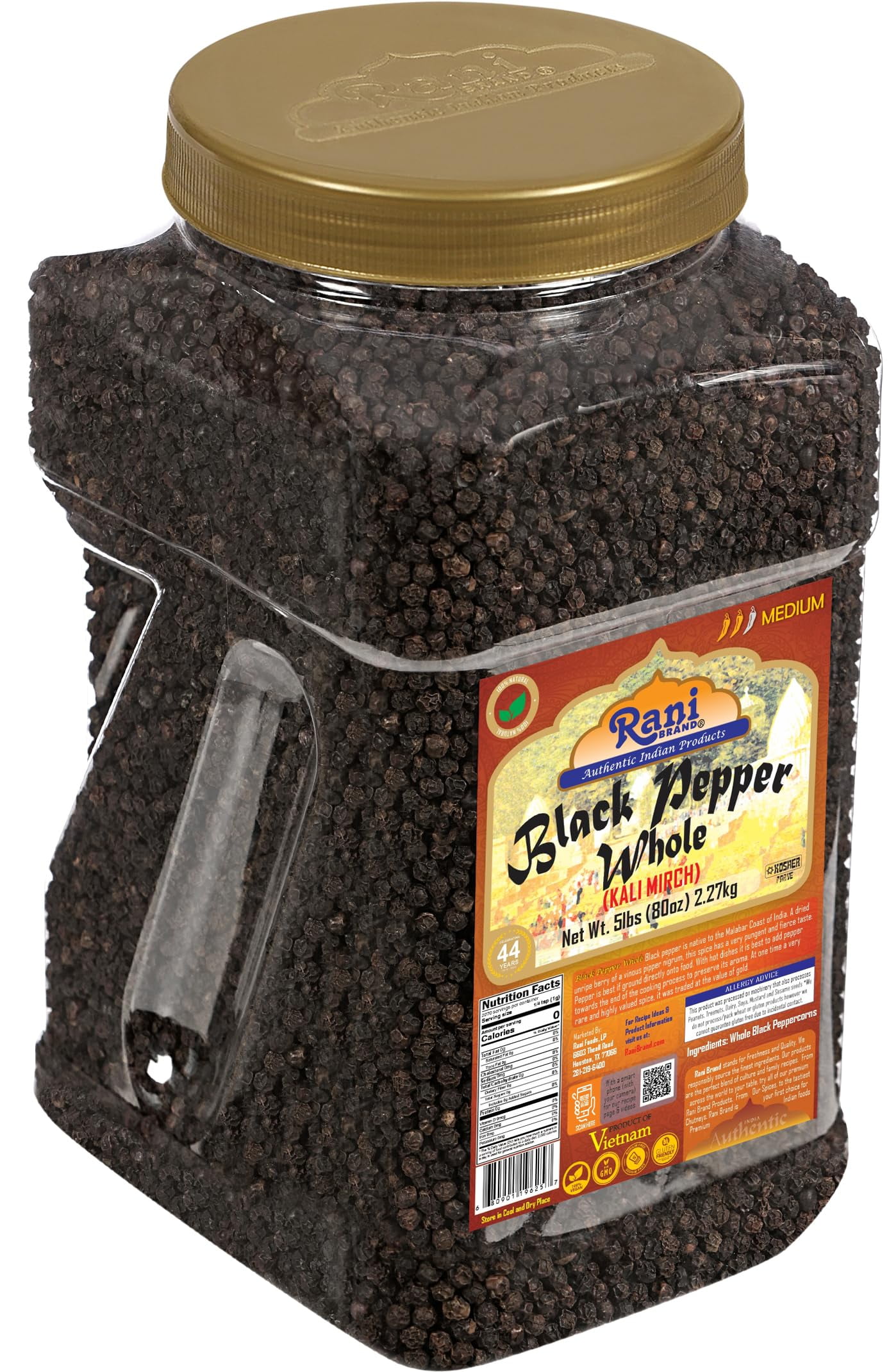 Rani Black Pepper Whole (Peppercorns), Premium MG-1 Grade 80oz (5lbs) 2.27kg Bulk PET Jar ~ All Natural | Gluten Friendly | Non-GMO | Kosher | Perfect size for Grinders!