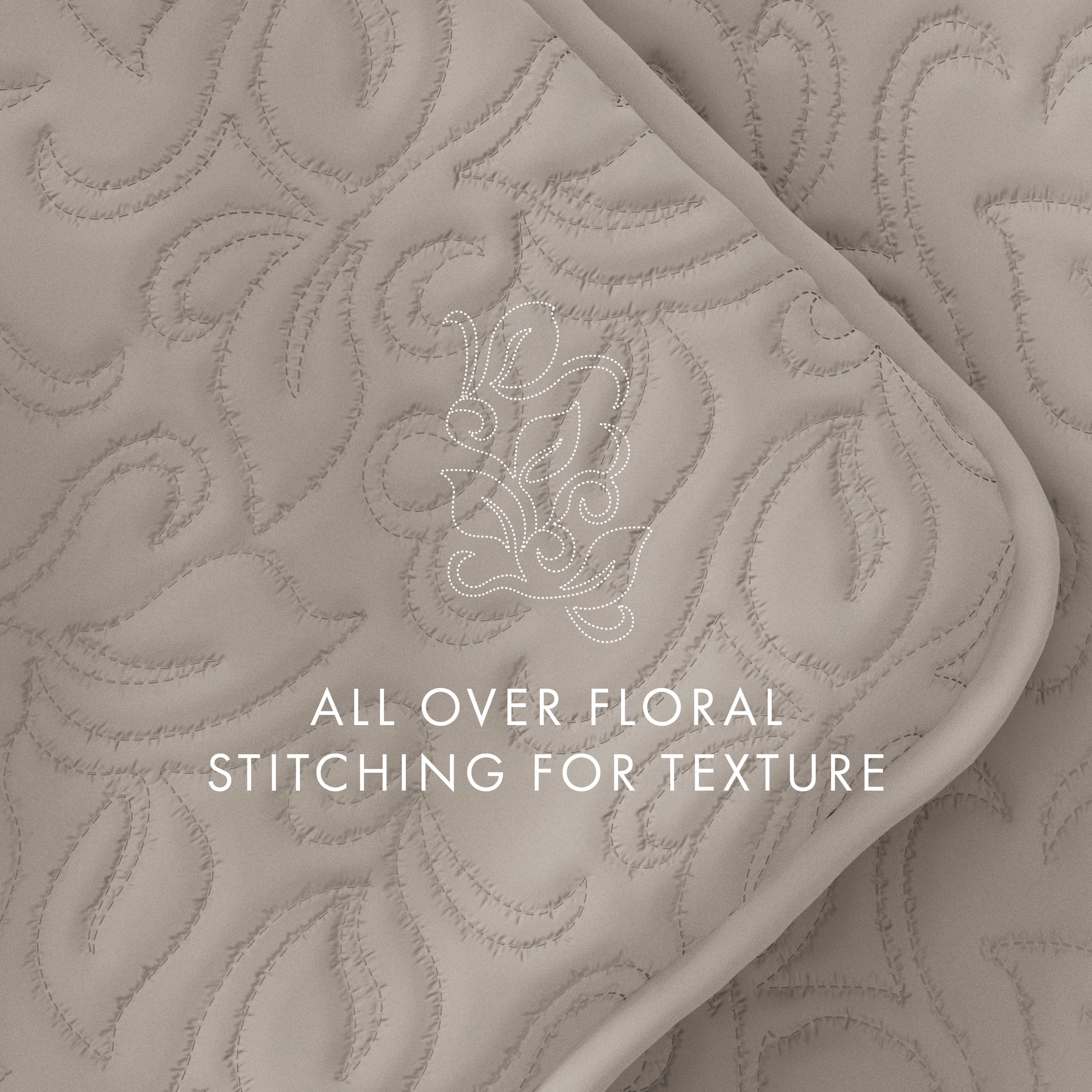 Noble Linens 3 Piece Latte Floral Stitch Quilt Set, Queen / Full