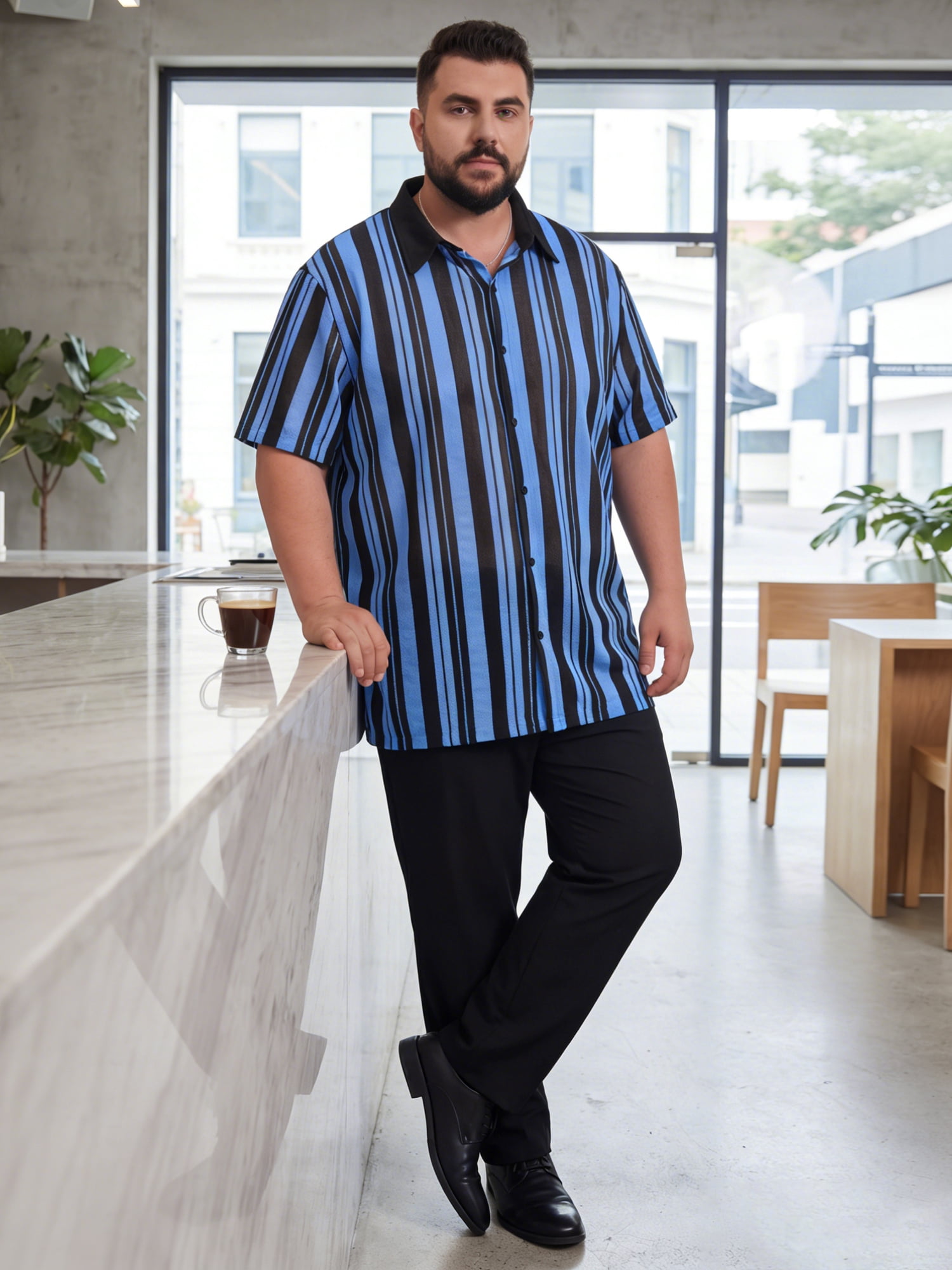 DARING DIVA Men's Big Tall Colorblock Striped Short Sleeve Button-Down Shirt 3XL Blue