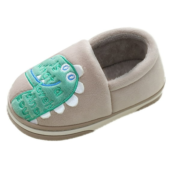 Otqutp Baby Home Slippers Dinosaur Indoor Shoes Girls Boys Slippers Warm Dinosaur House Cute Cozy Plush Winter Cotton House Slip Shoes(Brown,10-10.5 Years)