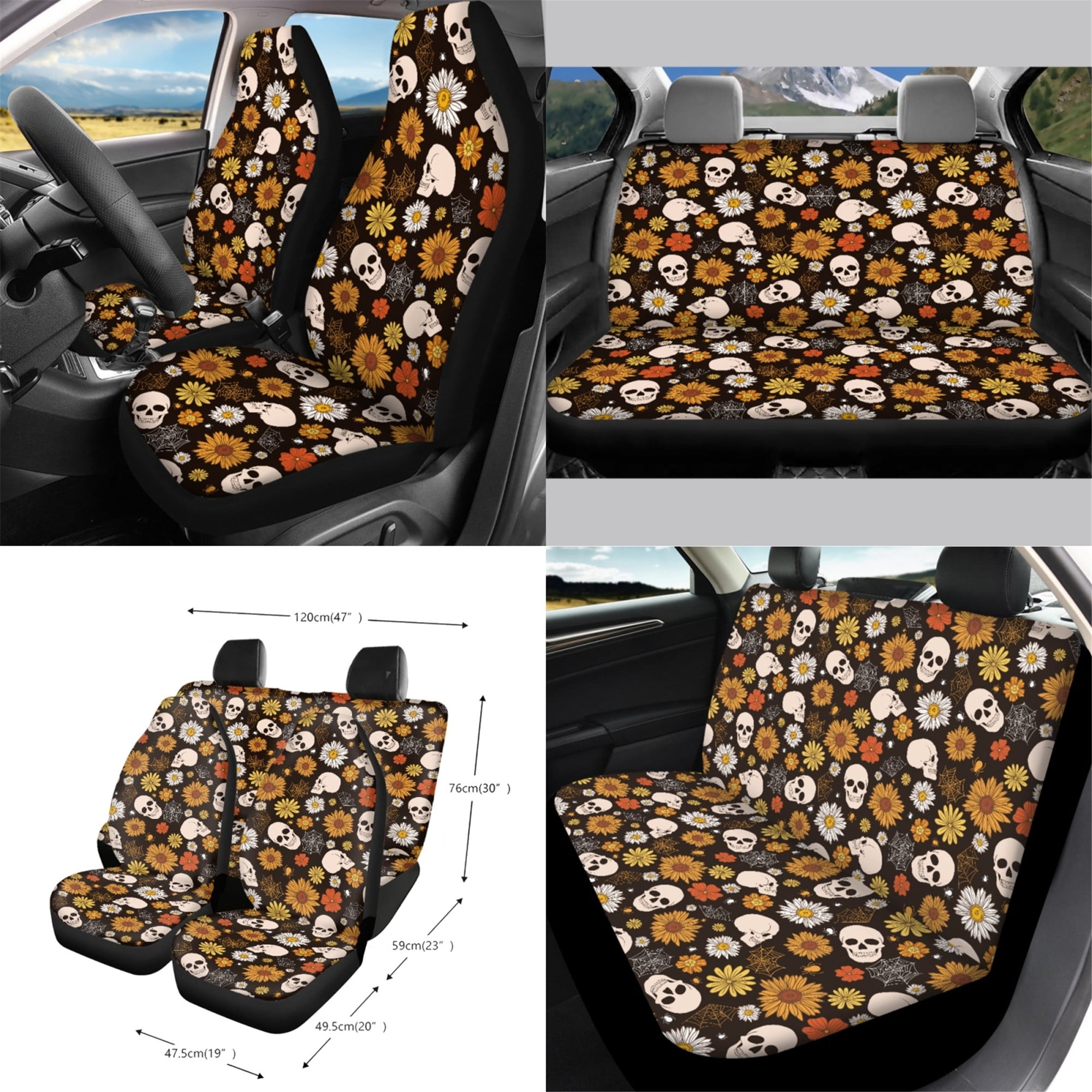 Yuyamidu Skull Car Seat Covers Full Set Daisy Auto Steering Wheel Cover Sunflower Seat Belt Pads Coasters Trash Bin Hanging Storage Bag Cup Holders Rearview Mirror Cover Key Ring 15 PCS