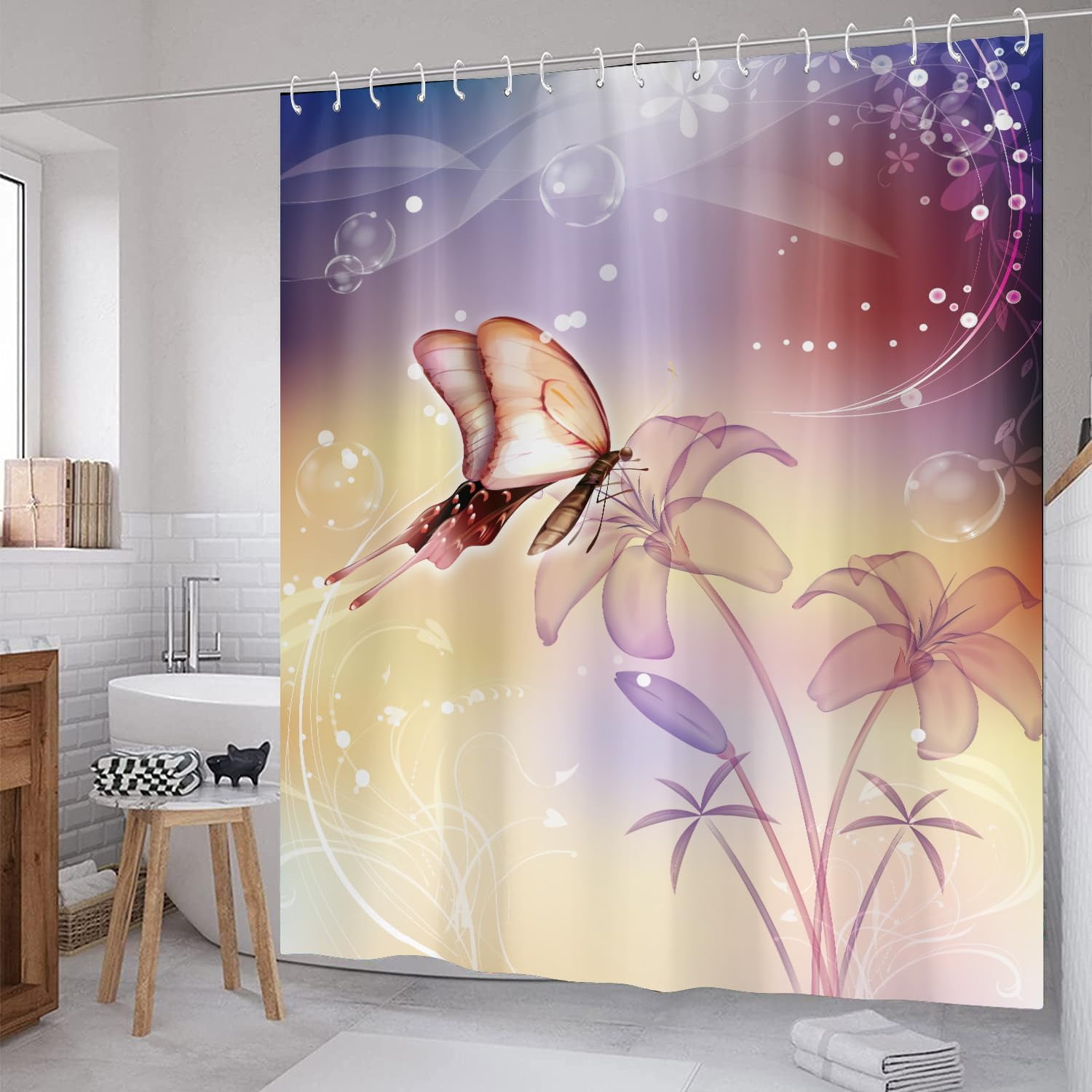 Bathroom Sets with Shower Curtain and Rugs, Bathroom Curtains Shower Set Include Waterproof Shower Curtain Non-Slip Rug Toilet Lid Cover Bath Mat and 12 Hooks