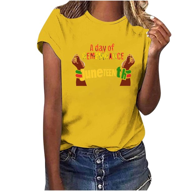 Tops de Manga Corta para las Mujeres de Ajuste Suelto, Día de la Independencia Negro Impreso, Cuello Redondo Suelto Superior