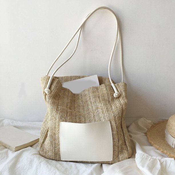 Bolsa De Hombro Borsa casual da donna Borsa da spiaggia in paglia per il tempo libero Borsa fatta a mano in tessuto (bianco)